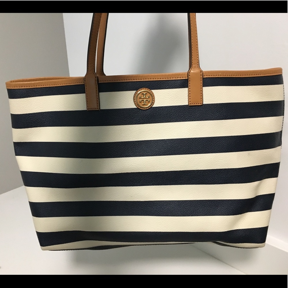 Tory Burch Navy and White Striped Large Tote