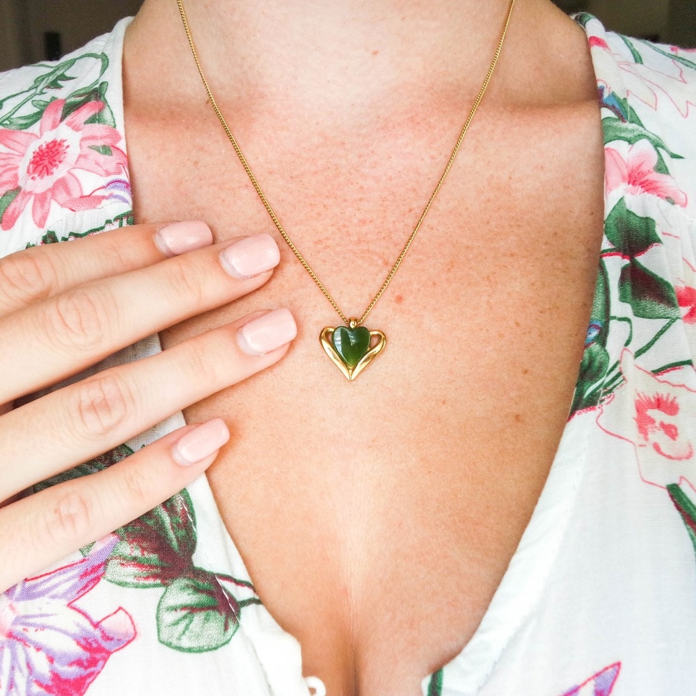 Vintage Gold and Jade Heart Pendant