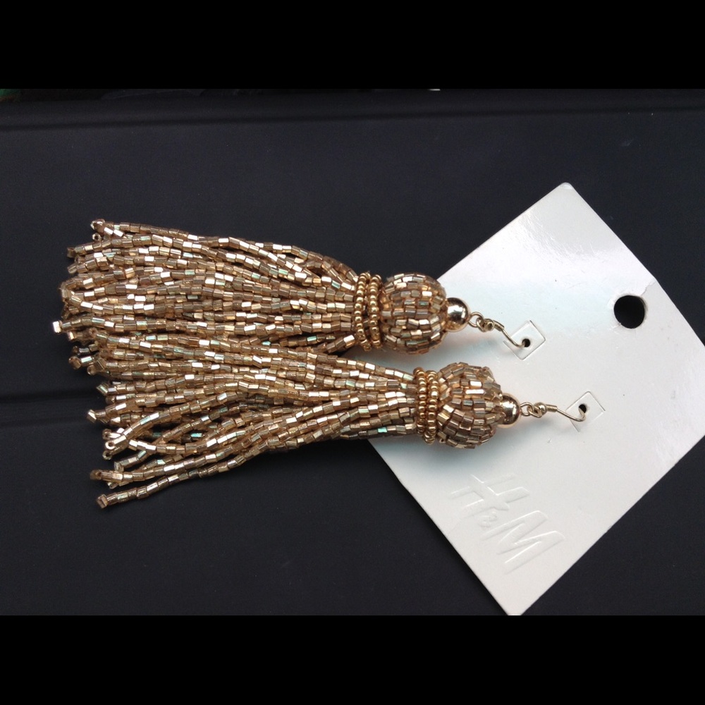H&M Gold Beaded Fringe Earrings, Dangle