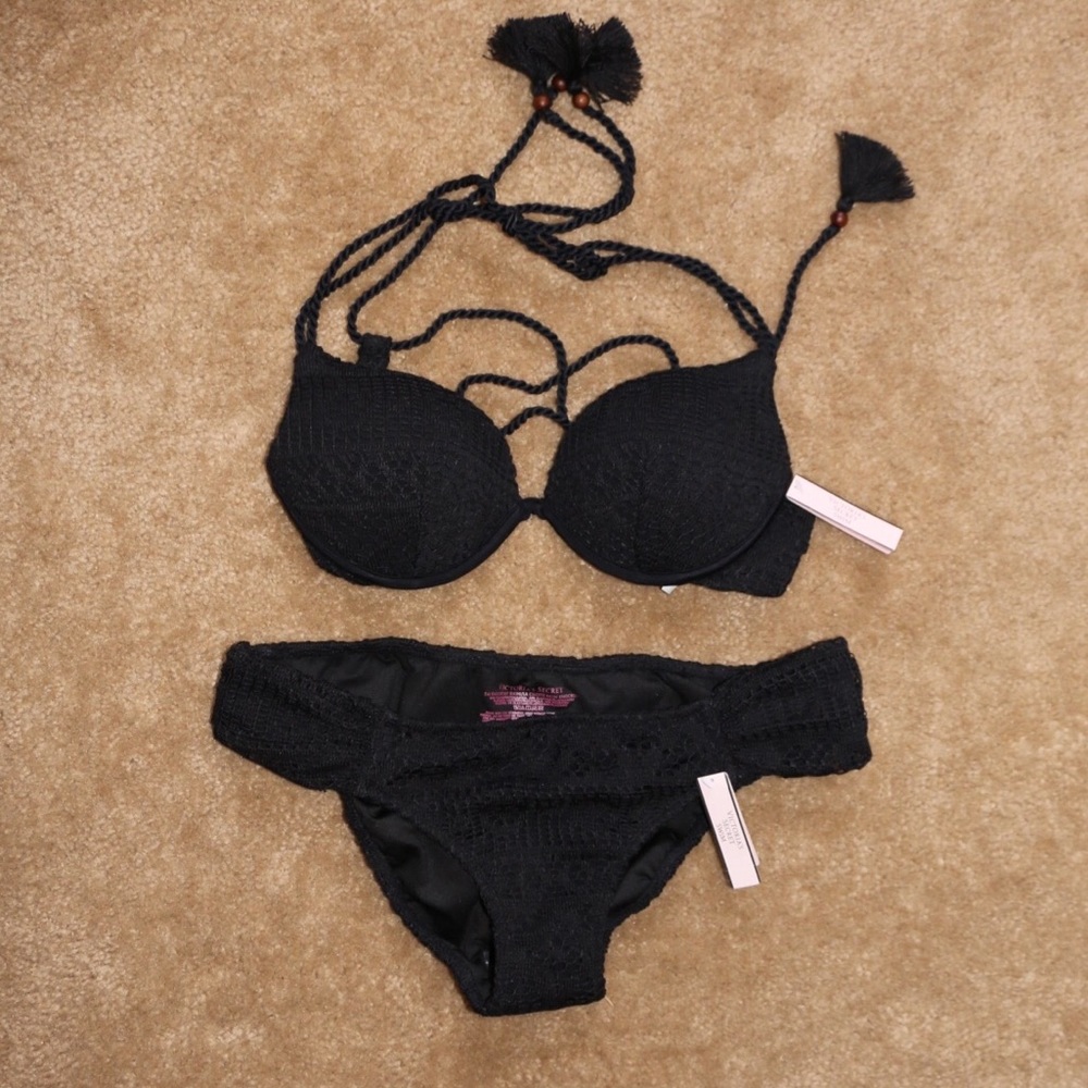 VS Lace Crochet Black Push-up Bikini Set