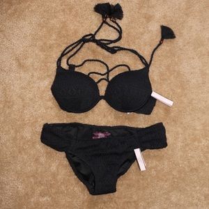 VS Lace Crochet Black Push-up Bikini Set