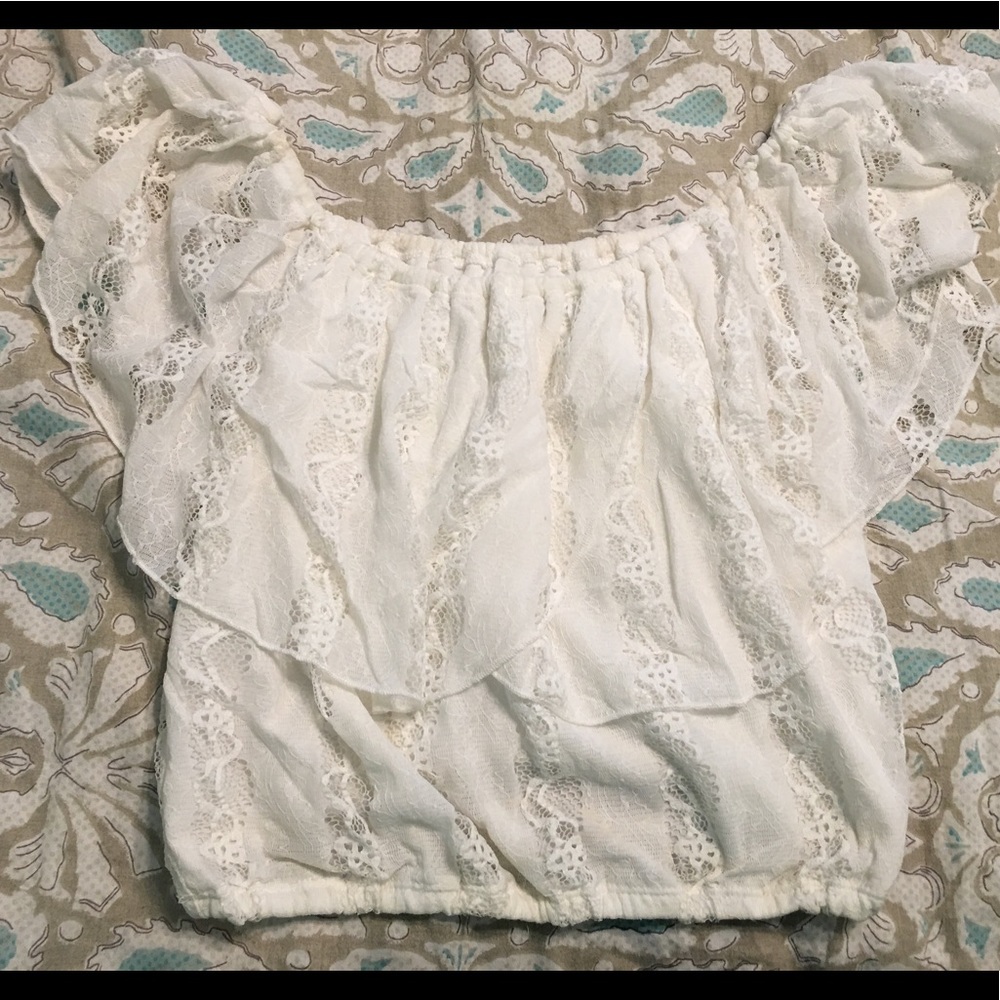 White lace off the shoulder crop top