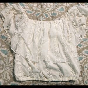 White lace off the shoulder crop top