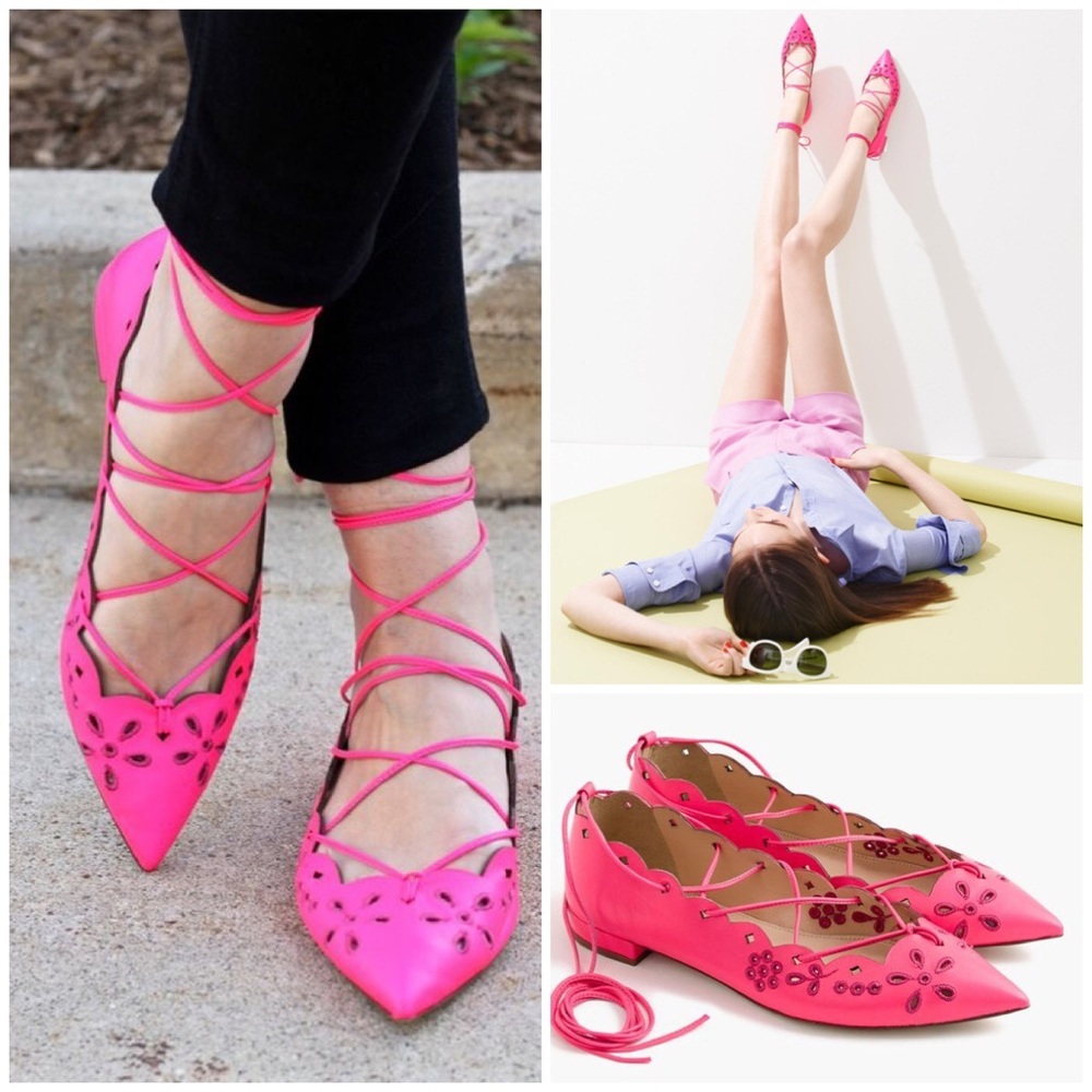 J. Crew neon pink eyelet lace up flats 8 EUC