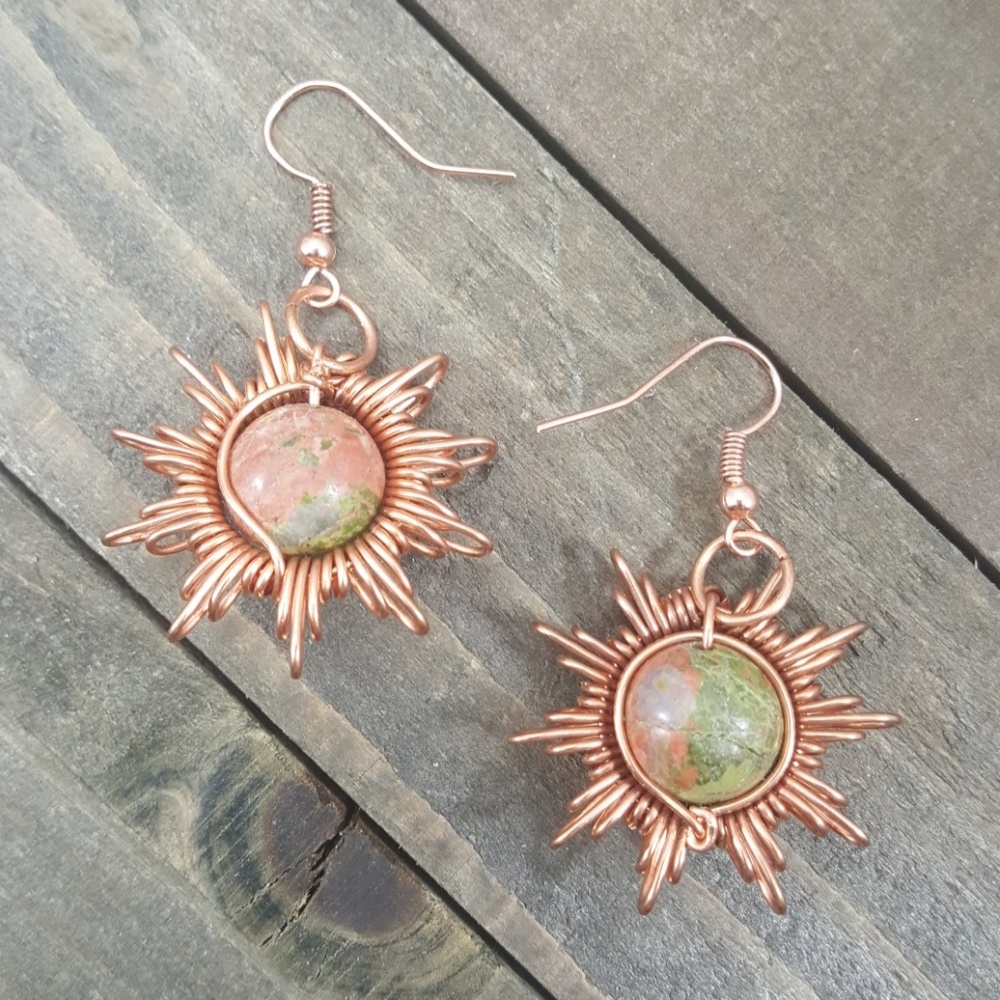 Meditate, Calm, Hair🌟Unakite Copper Earrings - Picture 3 of 5