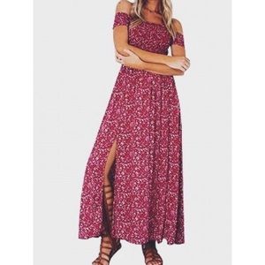 Red Off Shoulder Side Split Floral Maxi Dress