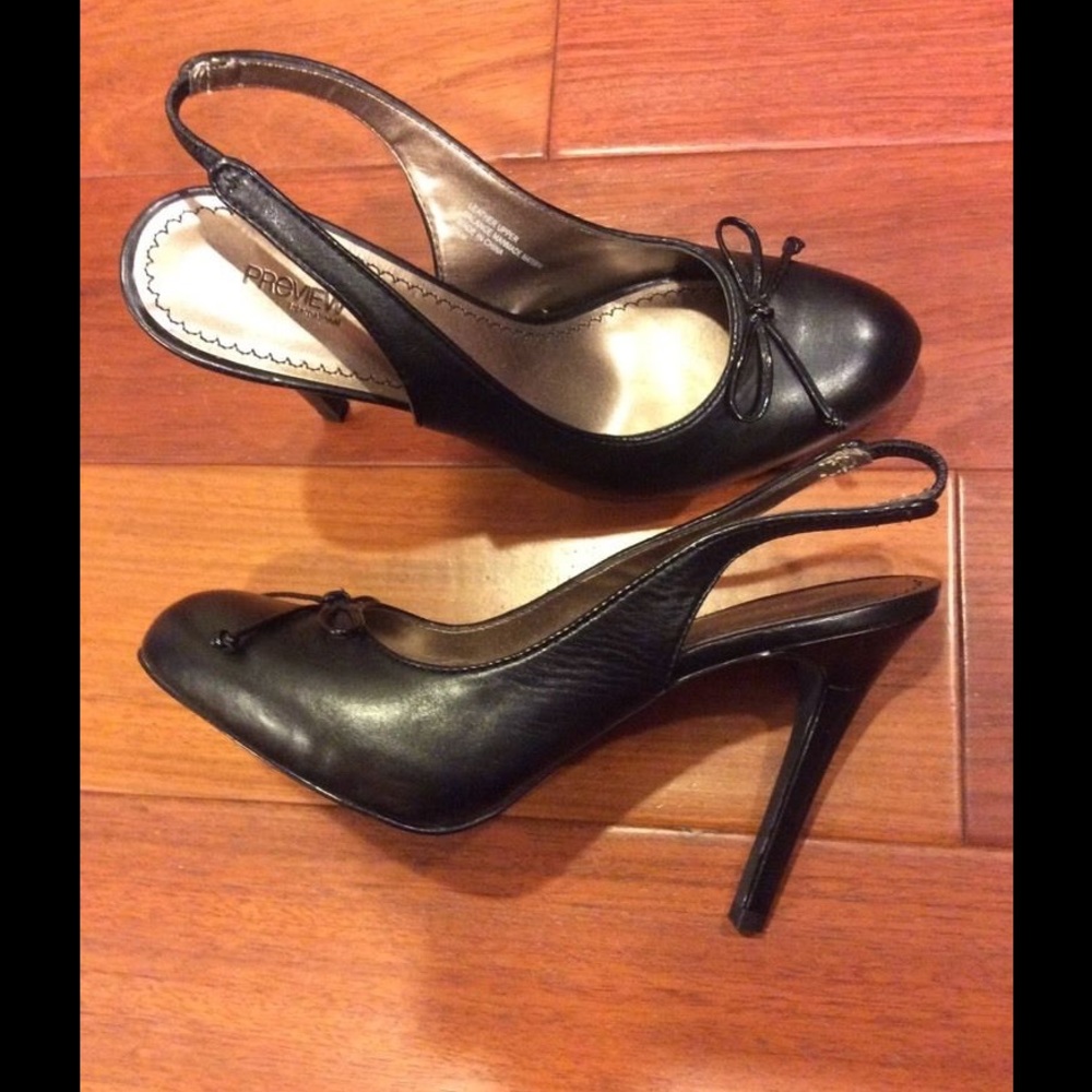NWOB BLACK LEATHER SLING BACK 4 1/2 HEELS SZ 8.5