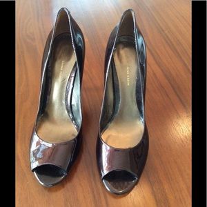 Anne Klein open toe bronze patent leather heels