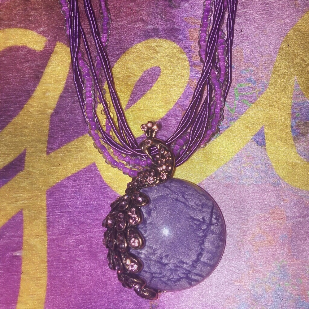 Purple Peacock Necklace of Stone & Glass Beads