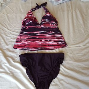 Pink and purple halter top tankini bathing suit