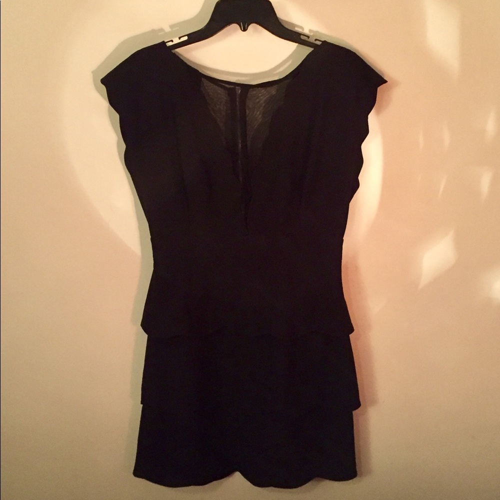 Black scalloped mini dress with mesh panels