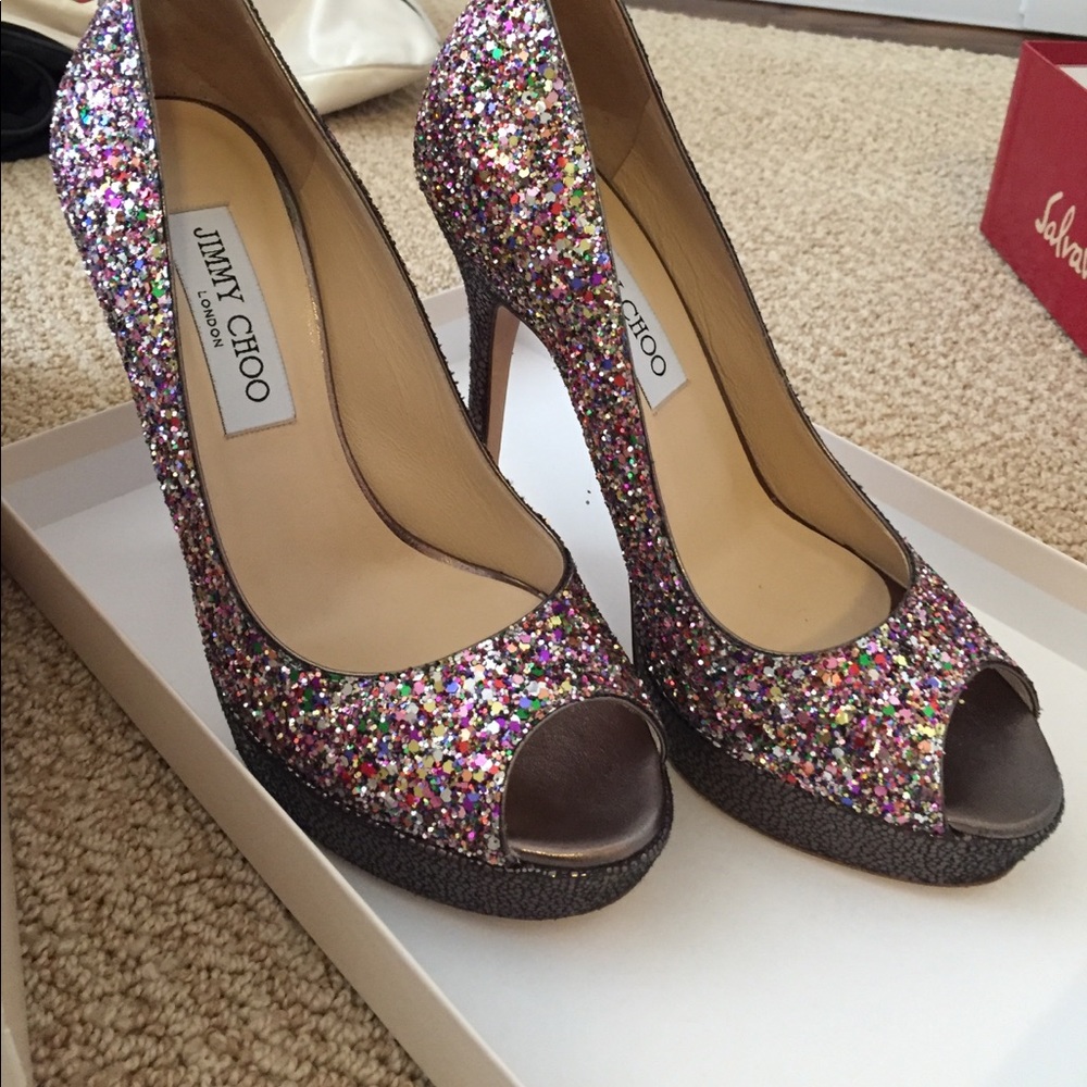 NEW Jimmy Choo Peep Toe Glitter Heels