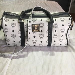 MCM handbag. White and Navy Blue Leather.