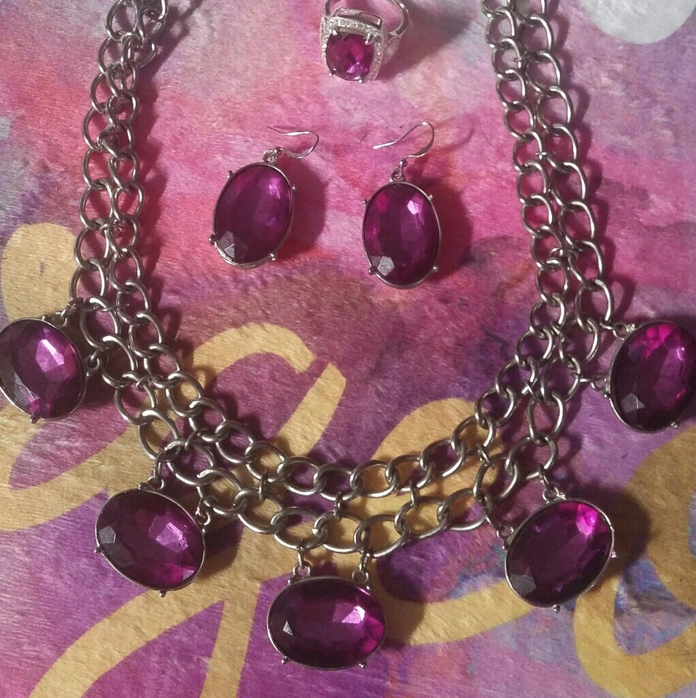 Amethyst Double Chain Necklace, Earring Ring Set