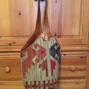 Vintage Aztec tapestry and leather bag