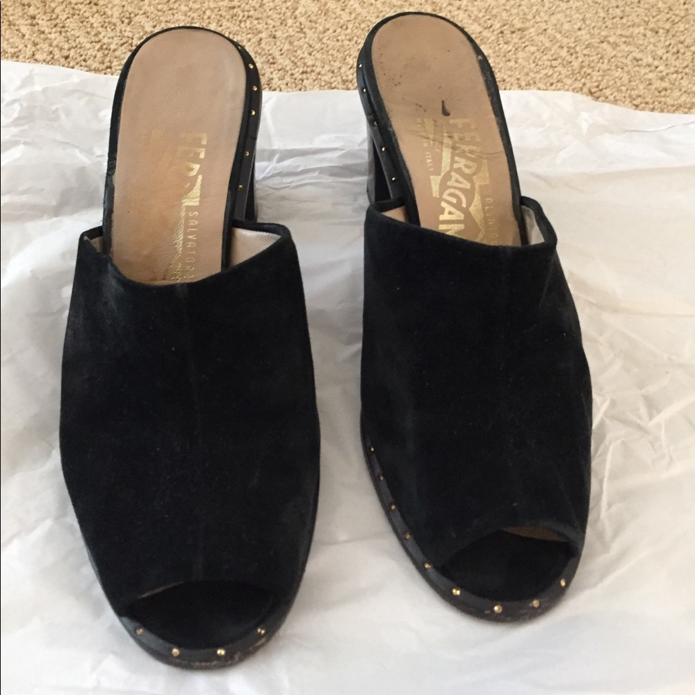 Salvatore Ferragamo Black Suede Slides