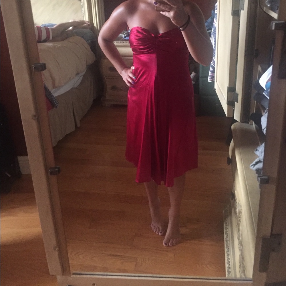Express Red Silk Dress with Ruffled Back