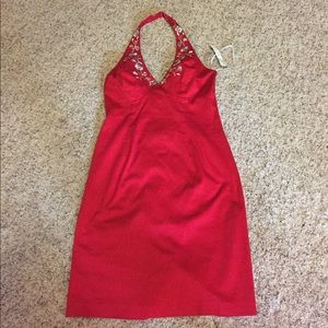 Red midi halter cocktail dress