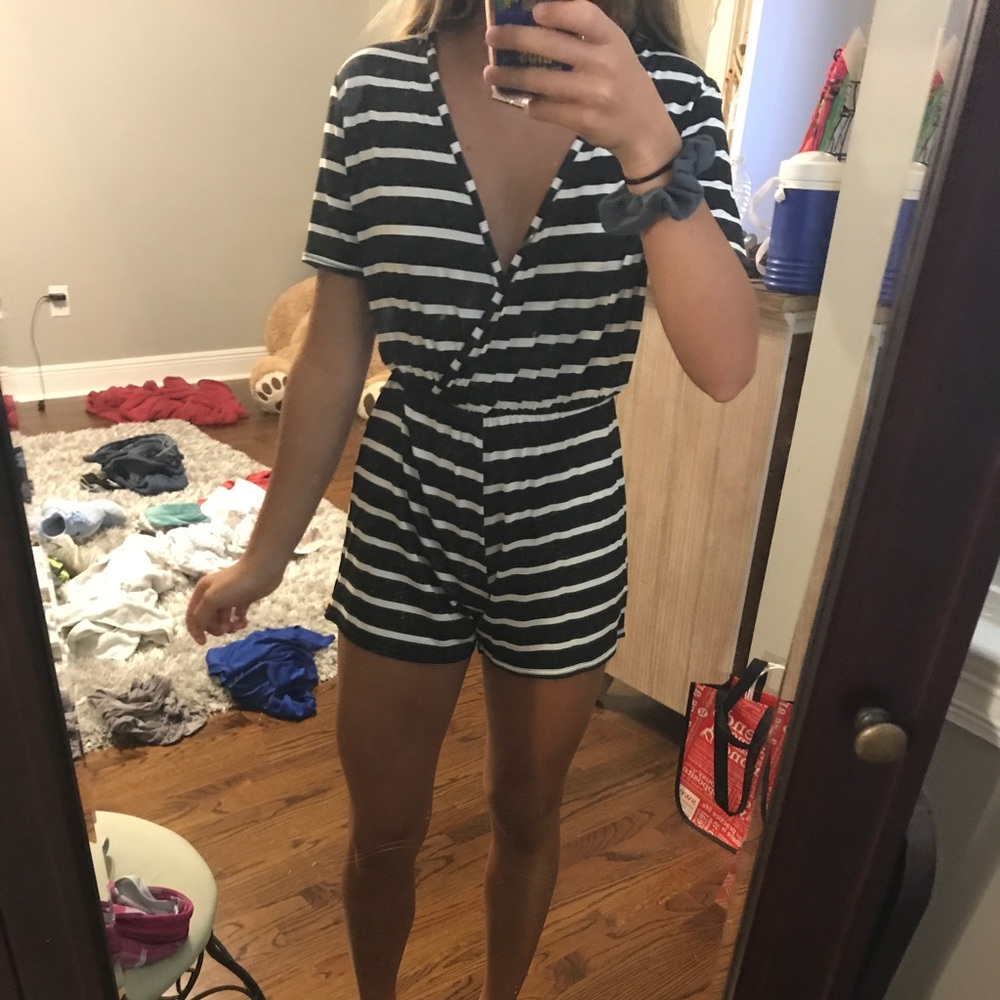 Black and white striped deep v neck romper