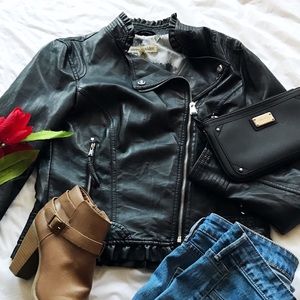 BIKER LEATHER JACKET FRILLS BLACK SIZE M