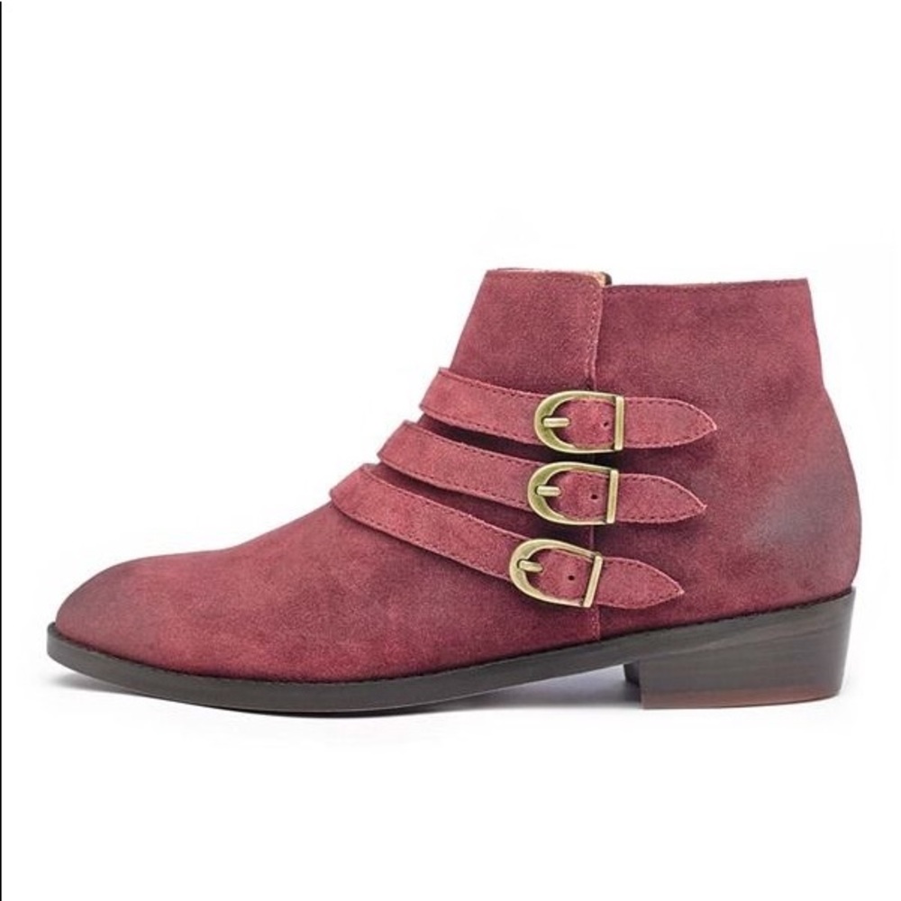 MIB Wine Genuine Suede Triple Buckle Ankle Boots - Picture 8 of 8