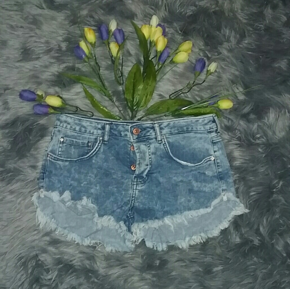 F21 Acid Wash Fringe Shorts