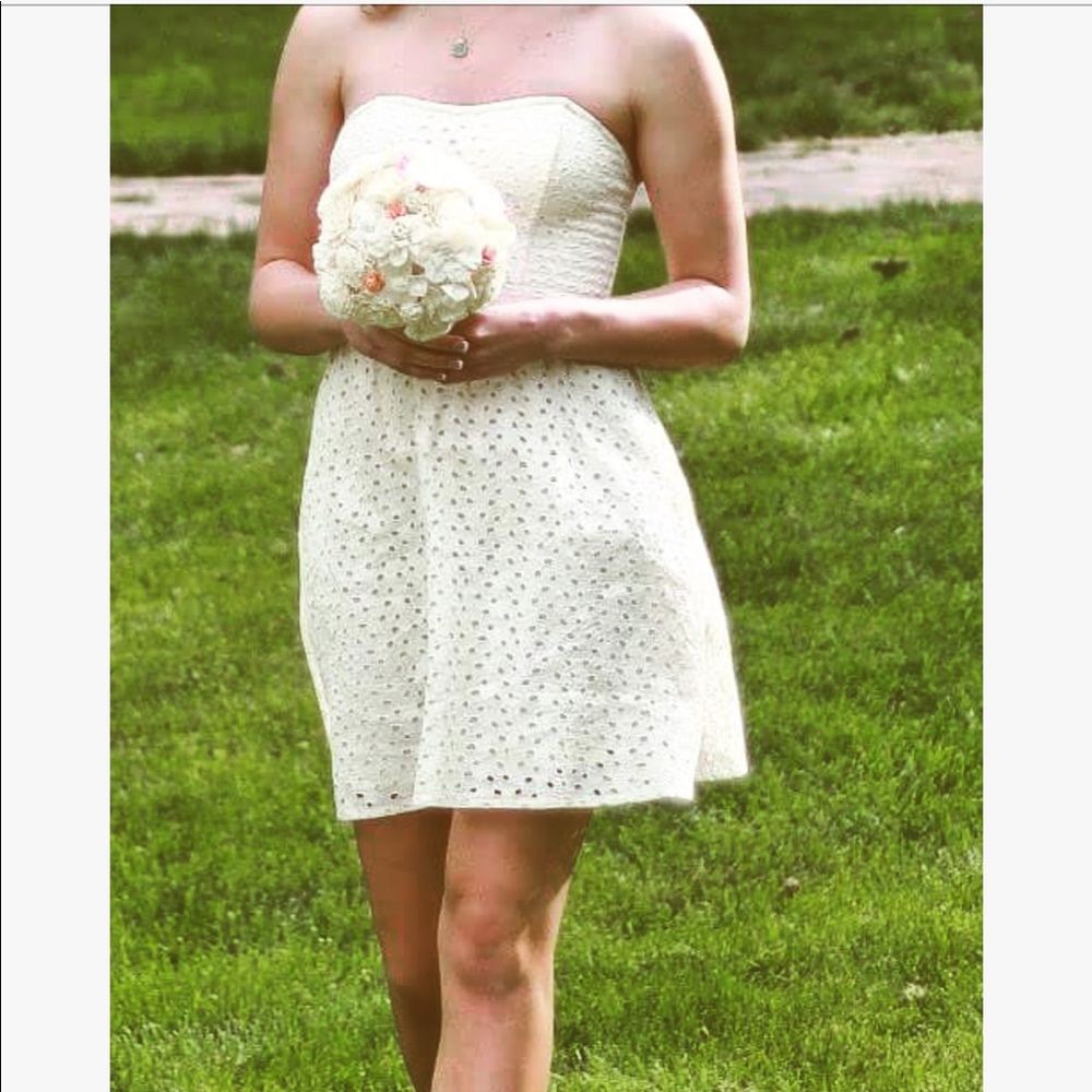 Blue Rain strapless, cream dress