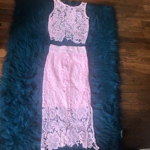 2 Piece Pink Crop Top Midi Skirt Set w Bra