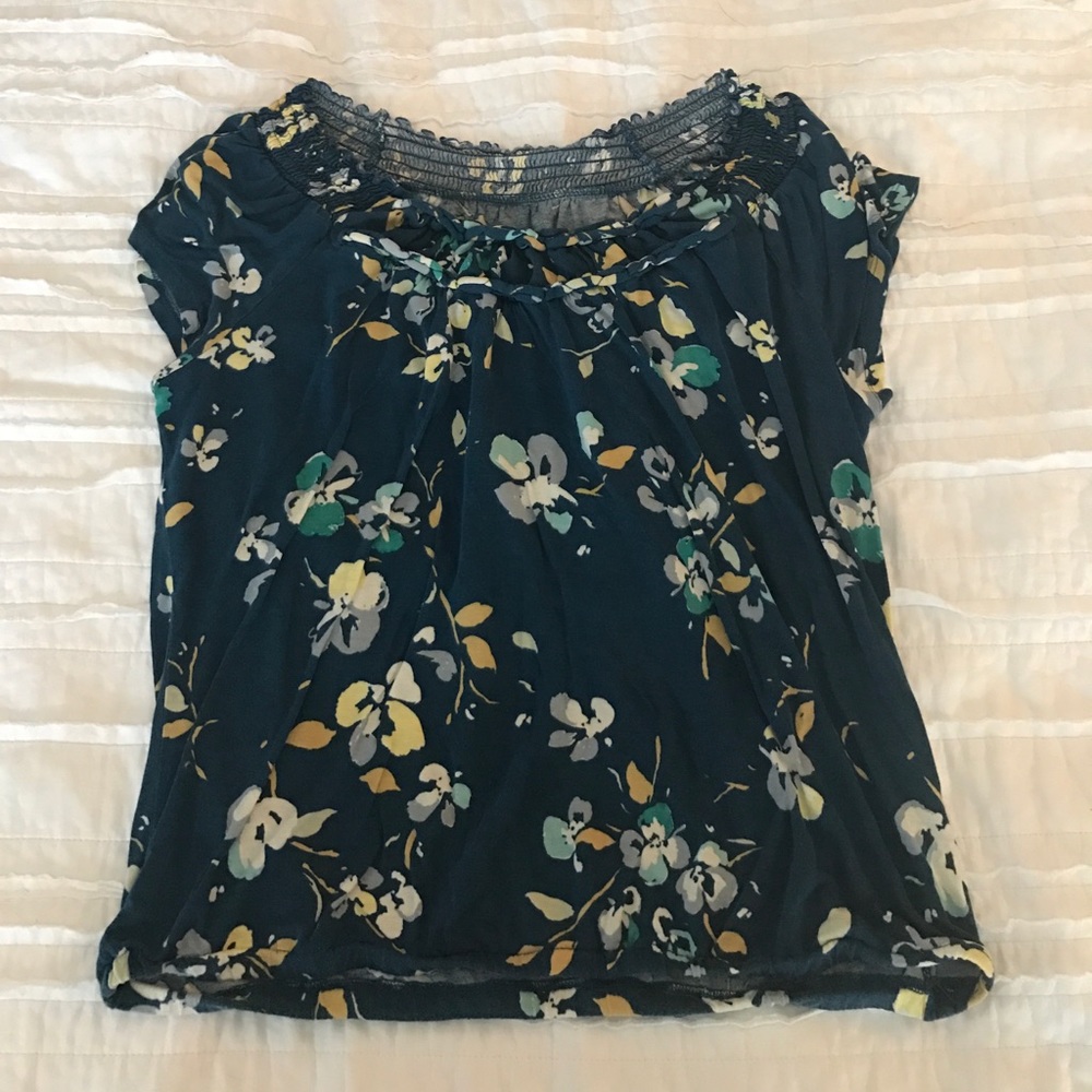 Blue Green & Yellow Floral T Shirt w/ Elastic Hem
