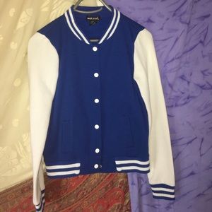 Blue and white varsity sports jacket