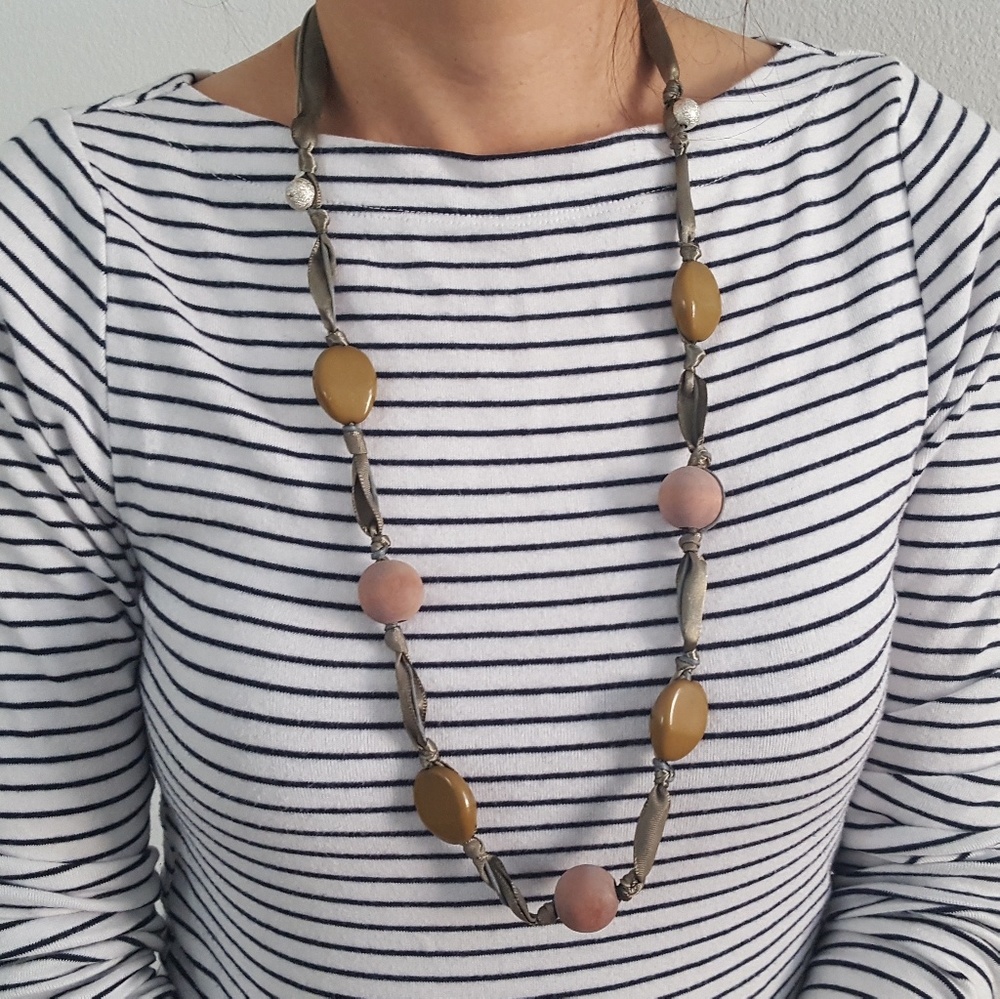 Boho Chic Earth Tone Bead Ribbon Necklace - Picture 2 of 5