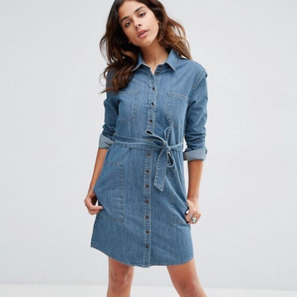 Denim belted shirt dress