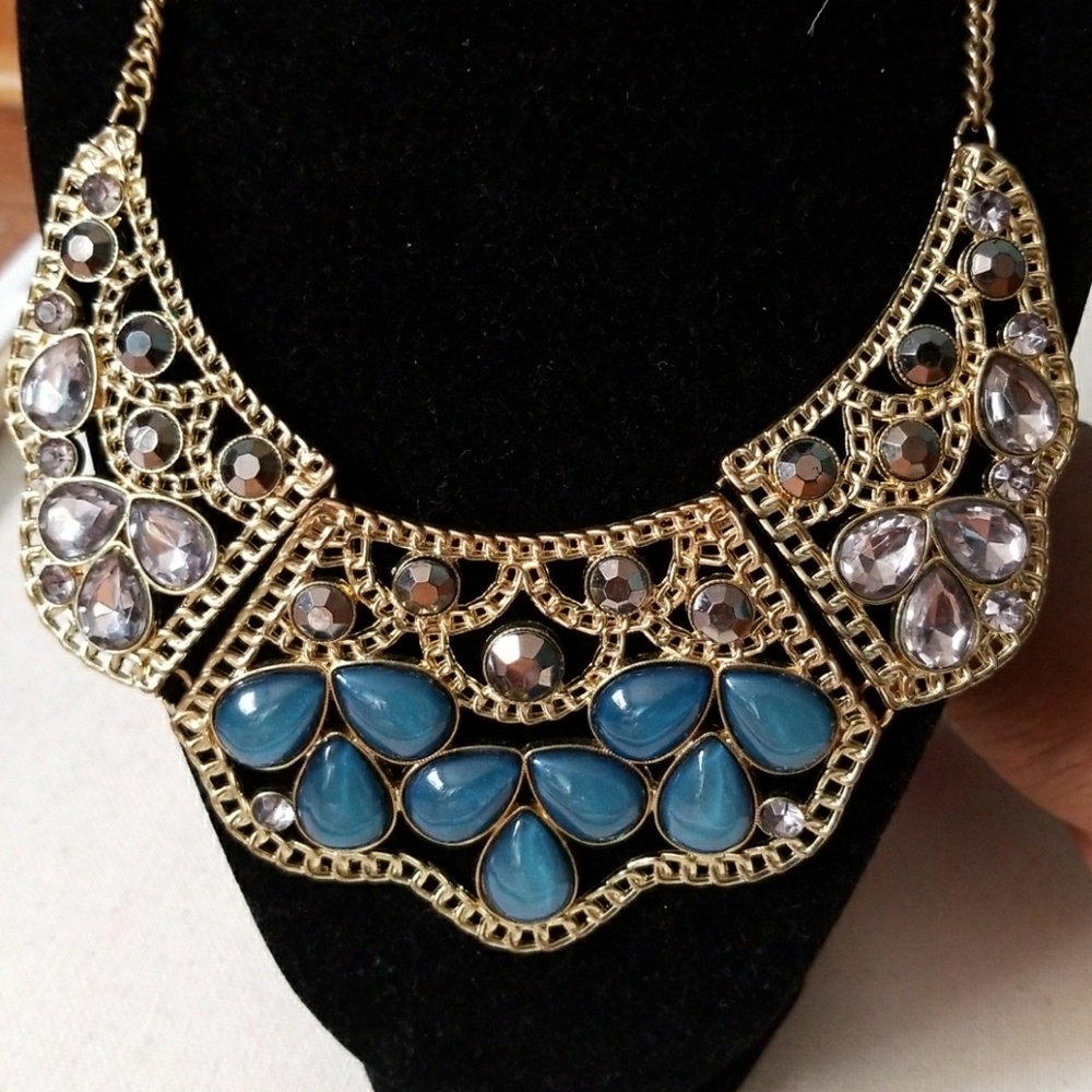 Gold , blue and diamond (faux) statement necklace