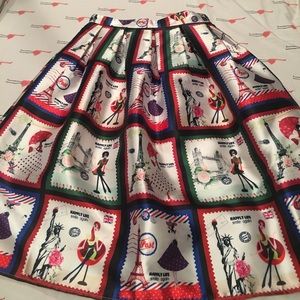 Postage stamp print midi skirt, size small/medium