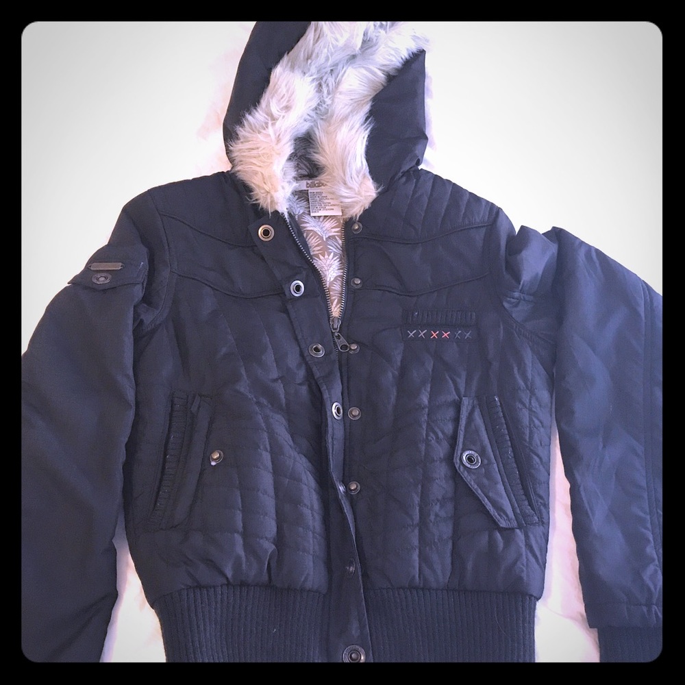 Billabong Black Puffy Jacket with Faux Fur Hood