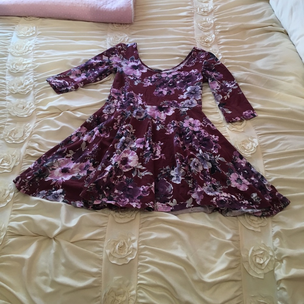 Maroon, pink, and grey floral print dress