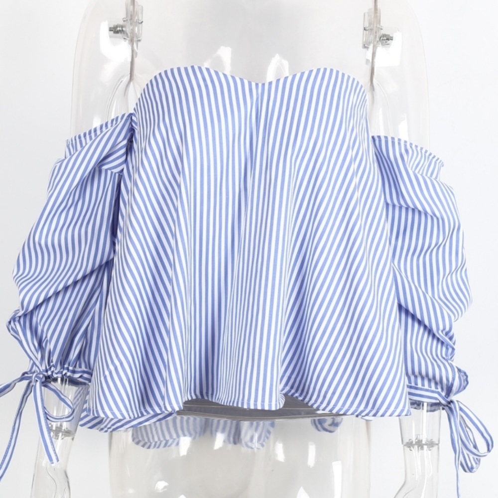 🆕Striped Strapless Blouse in Blue - Picture 3 of 5