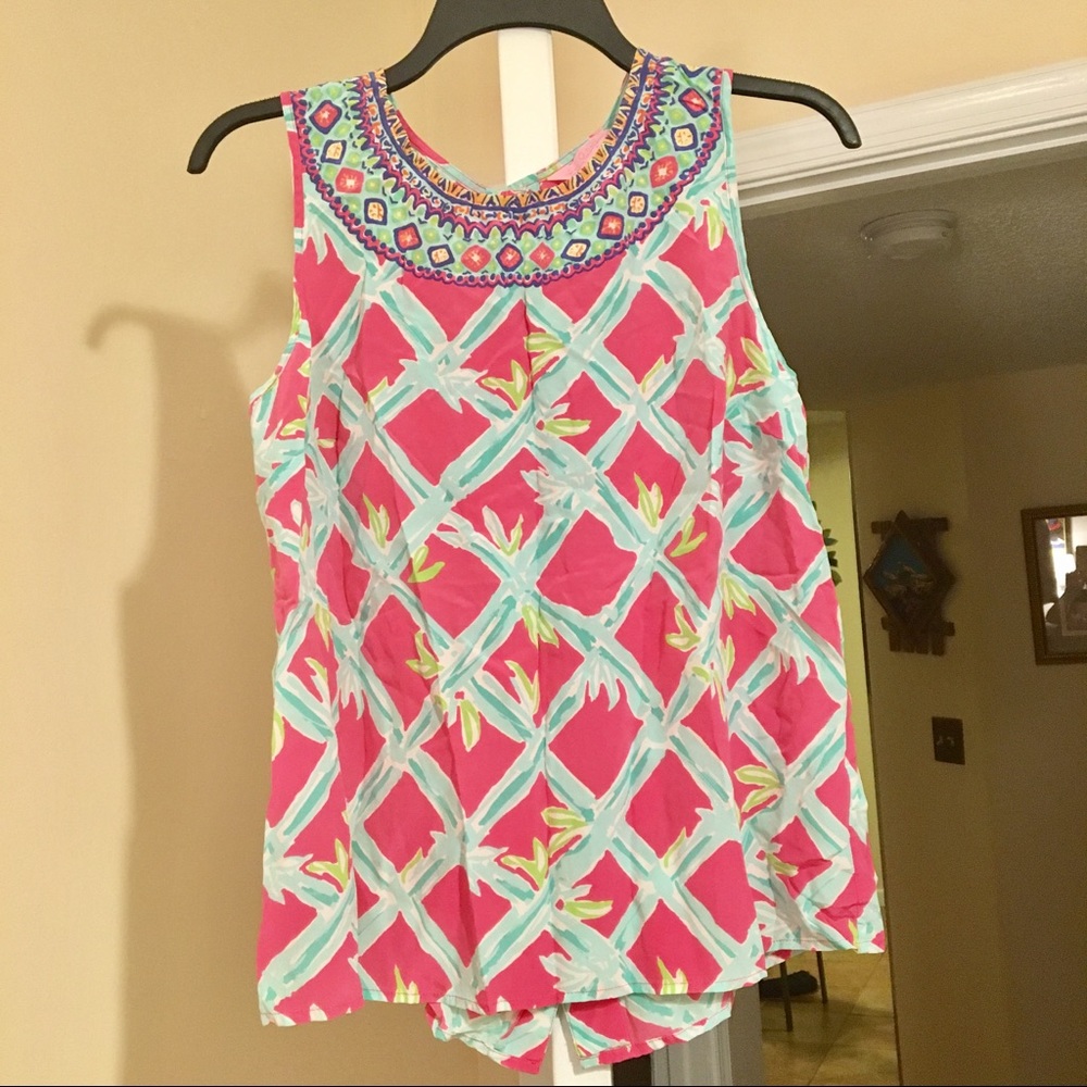 LILLY PULITZER Tropical Sleeveless Silk Blouse, M