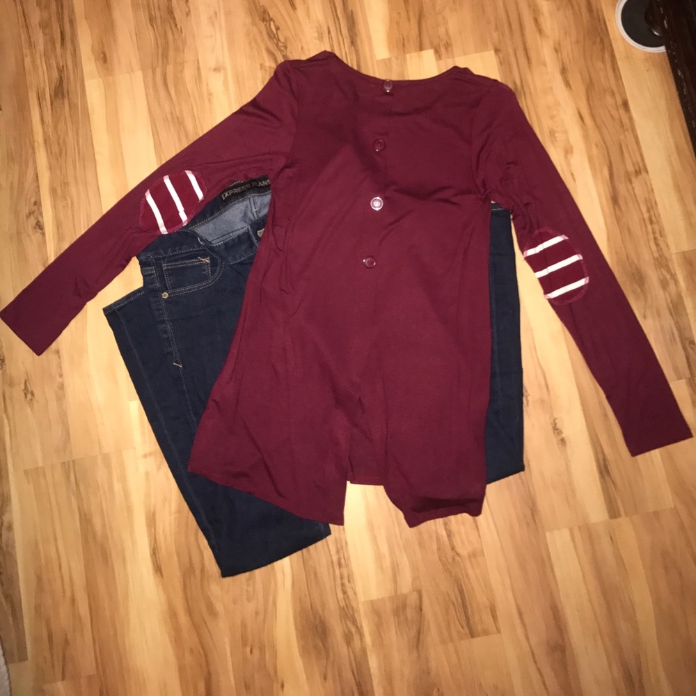 Button down open back tunic with elbow patches