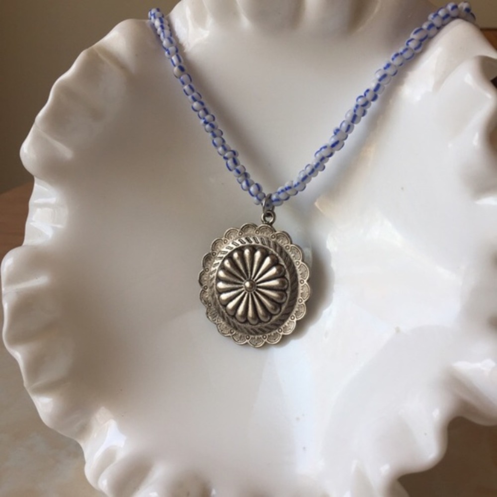 Boho beaded necklace with coin style pendant