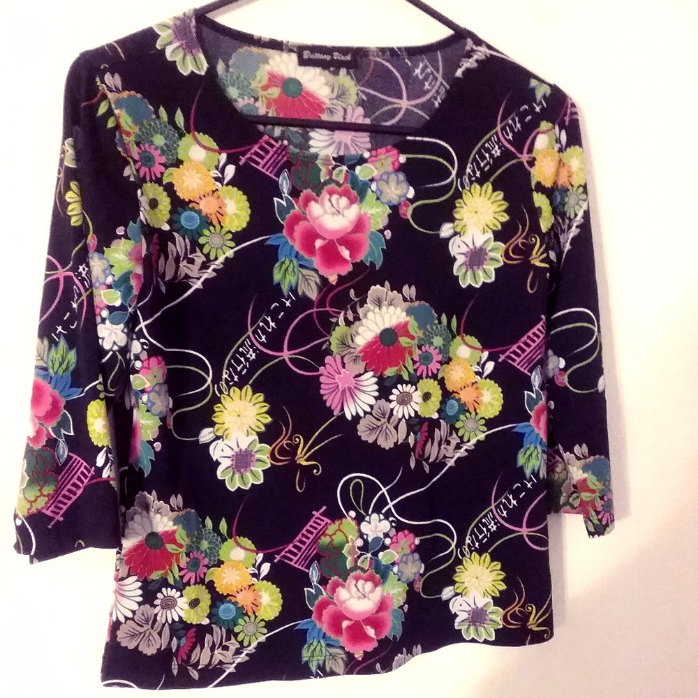 Brittany Black Mandarin Floral 3/4 Sleeve Stretch