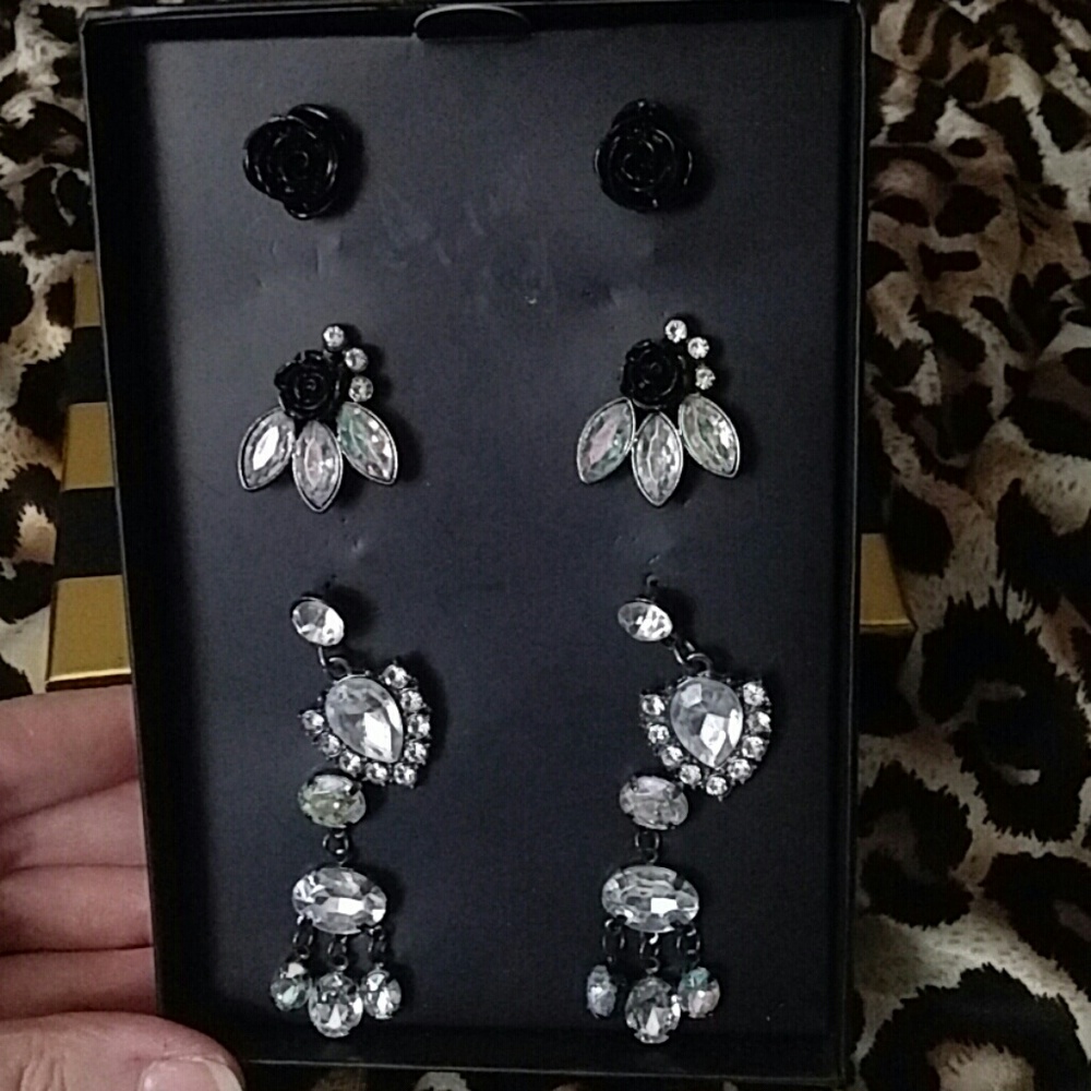 Black Rose & CZ Bling 4 Piece Earring Set