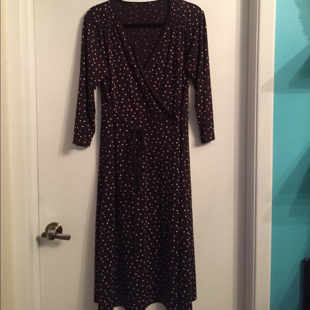 Brown Dotted Wrap Dress
