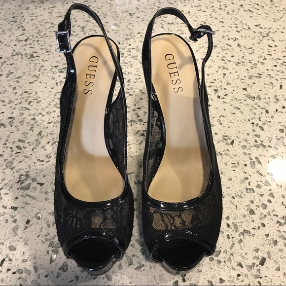 Guess black lace peep toe heels - Picture 1 of 7