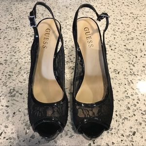 Guess black lace peep toe heels