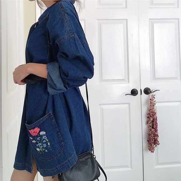 Vintage Dresses & Skirts - 90's Vintage - Embroidered Jean Dress Shirt