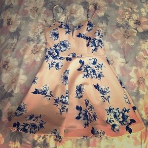 Charlotte Russe Satin Dress Beige W/Blue Flowers
