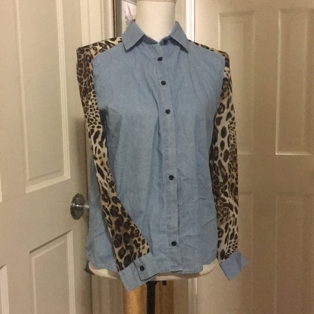ECI Denim long sleeve with cheetah print sleeves