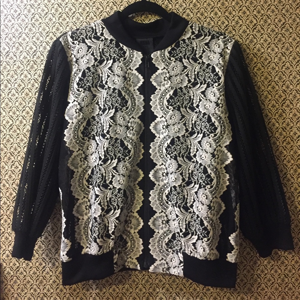 Anna Sui Floral Lace Black Mesh Bomber Jacket