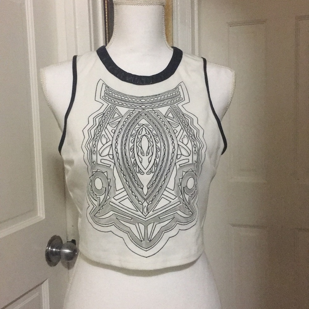 White Crop top Leather trim laser cut design
